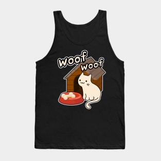 Woof Woof Cat Barking at a bone Funny Contradiction Cartoon Tank Top